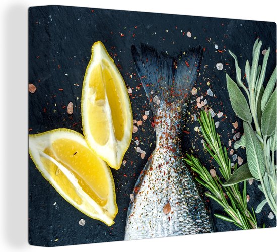 Tableau sur toile Poisson - Citroen - Herbes - 80x60 cm - Décoration murale