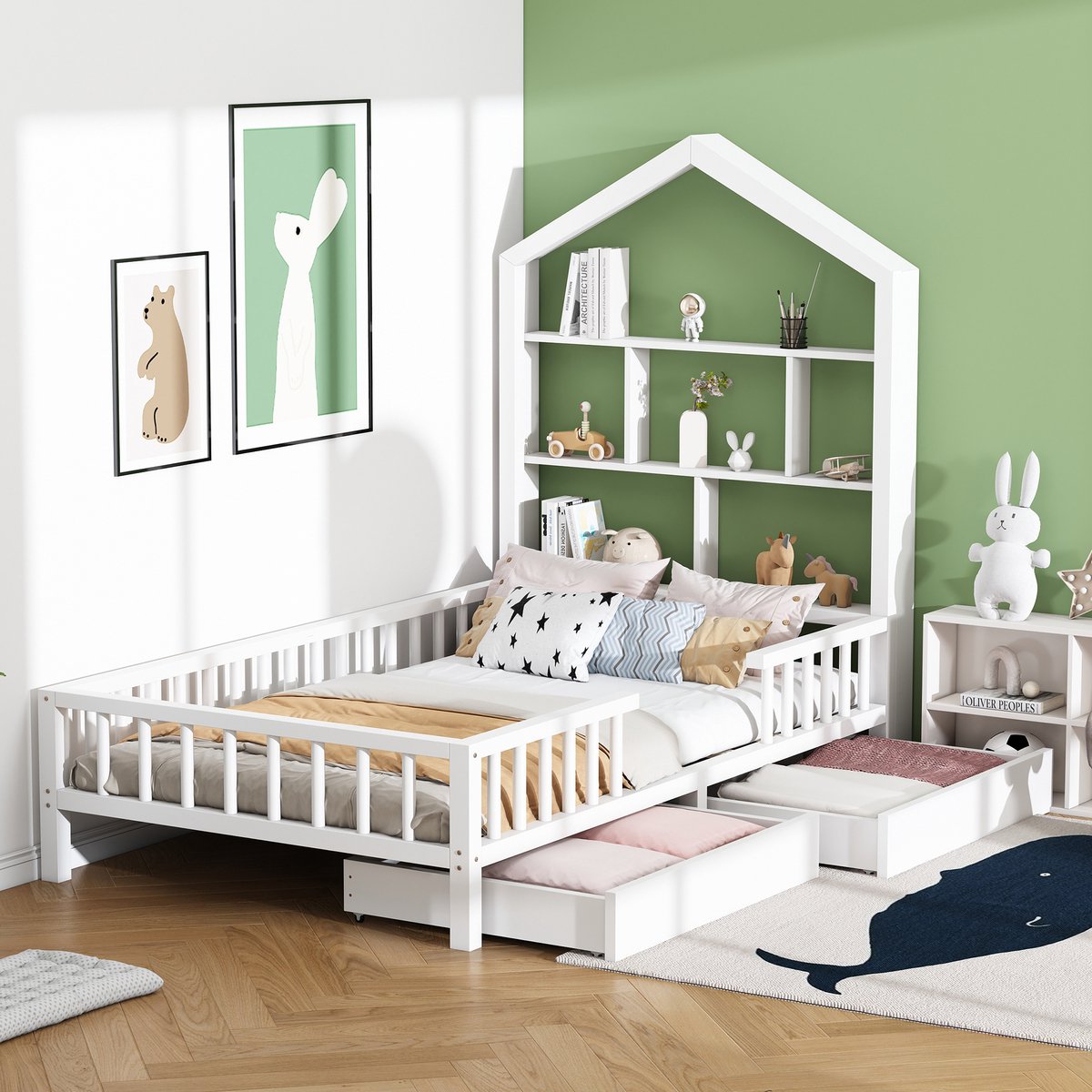 Huisbed kinderbed 200x90 cm - multifunctioneel bed met boekenplank met valbeveiliging - massief houten kinderbed witte lades met lattenbodem voor jongens en meisjes