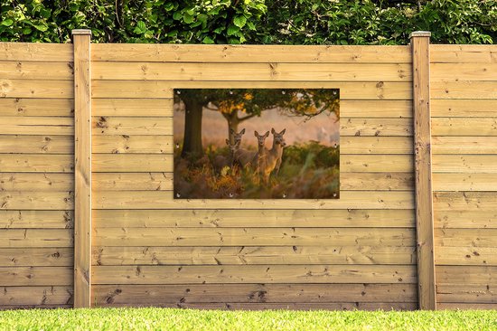 Tuinposter 120x80 cm - Tuindecoratie Herfst - Zon - Herten - Poster voor in de tuin - Buiten decoratie - Schutting tuinschilderij - Tuindoek muurdecoratie - Wanddecoratie balkondoek