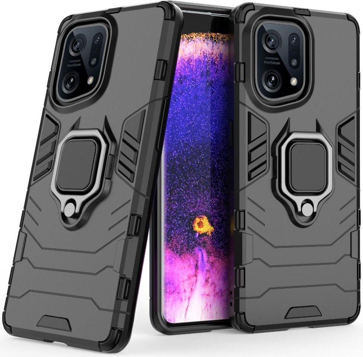 Oppo Find X5 Hoesje met Magnetische Kickstand Ring Back Cover Zwart