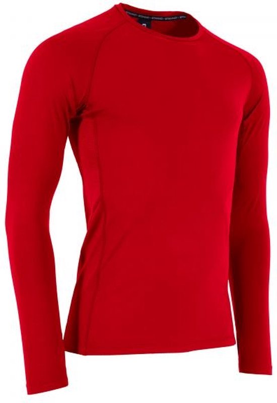 Vue de côté d'un t-shirt rouge à manches longues.