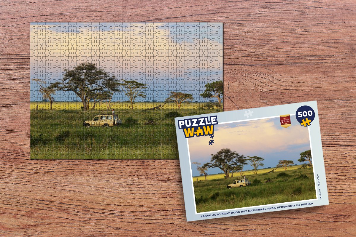 Puzzel Safari auto rijdt door het Nationaal park Serengeti in Afrika - Legpuzzel - Puzzel 500 stukjes