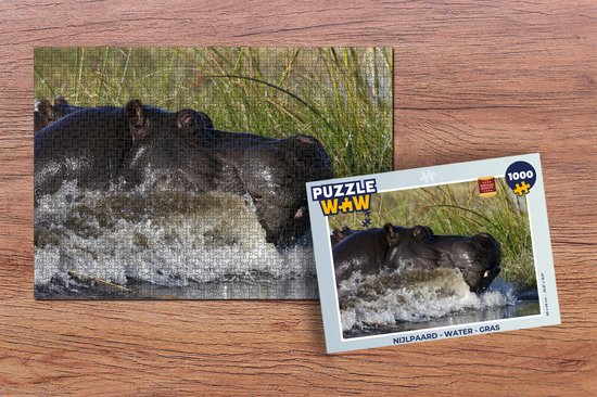 Puzzel Nijlpaard - Water - Gras - Legpuzzel - Puzzel 1000 stukjes volwassenen