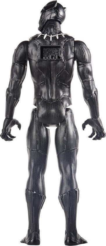 Zicht op de achterkant van een Black Panther-actiefiguur van 30cm in zwart outfit.