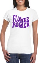 Toppers Wit Flower Power t-shirt met paarse letters dames - Sixties/jaren 60 kleding M