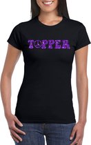 Zwart Flower Power t-shirt Topper met paarse letters dames - Sixties/jaren 60 kleding S