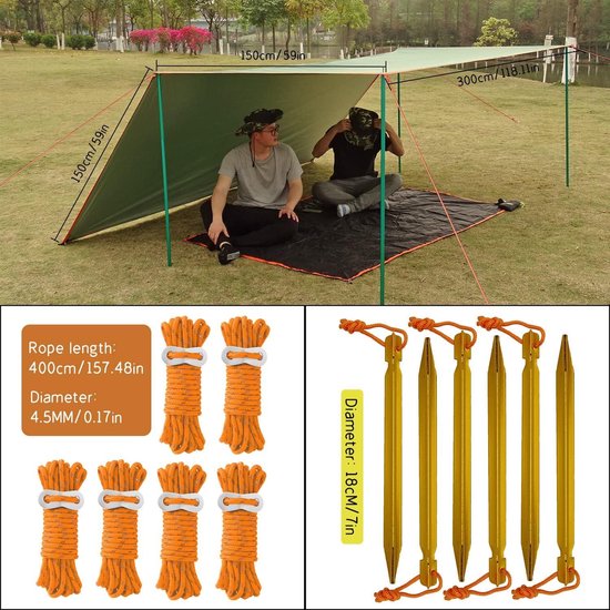 3 x 4 m. Camping Tarp waterdicht tent dekzeil lichtgewicht hangmat regen vlieg voor bushcraft picknick backpacken buiten overleven bivaktent (beige