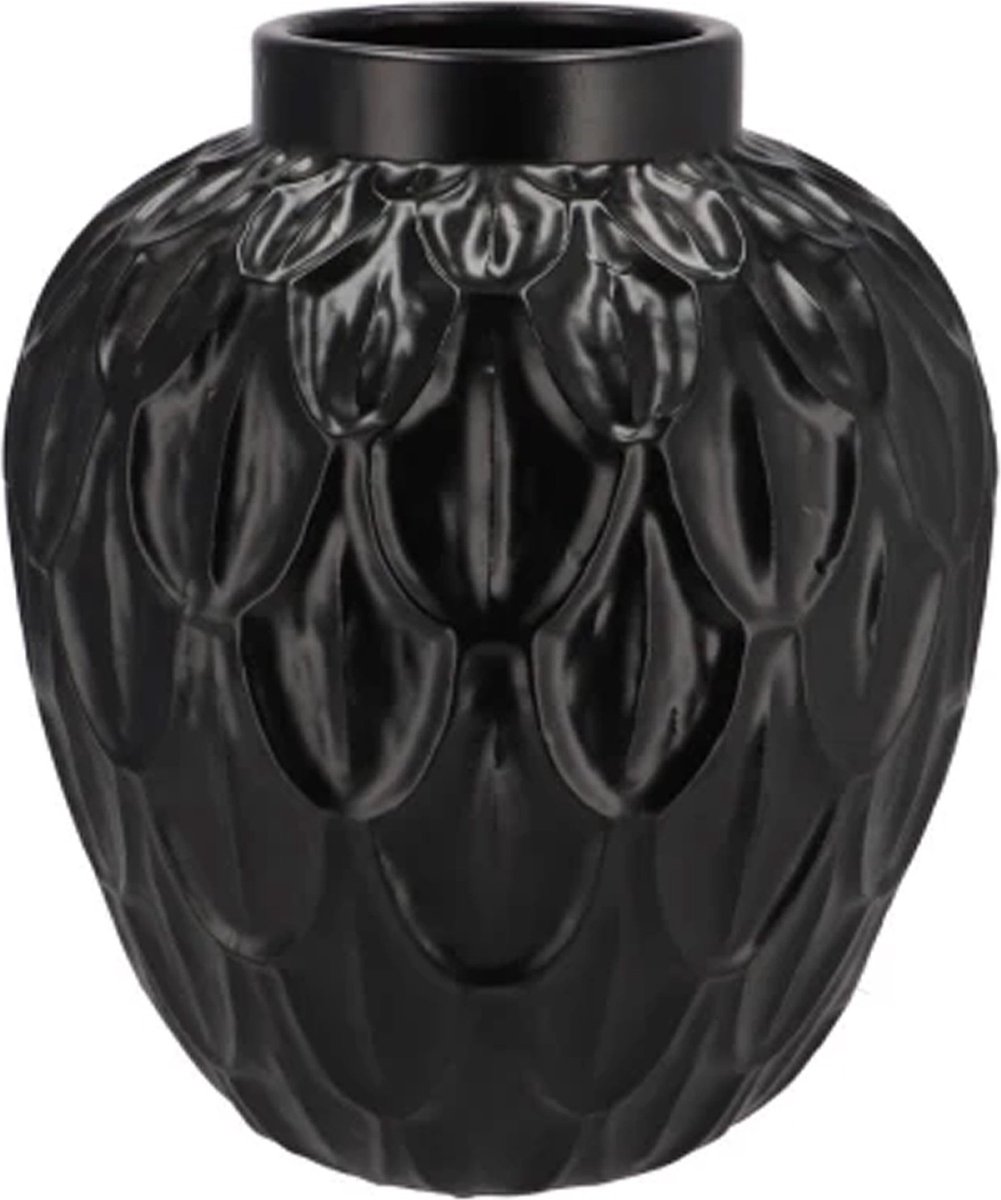 DK design Bloemenvaas rond model - Boa - zwart - veren/schub relief - 31 x 31 x 35 cm - modern