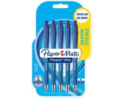 Paper Mate Flexgrip Ultra-balpennen met drukknop | Medium punt (1,0 mm) | Blauwe inkt | 5 stuks