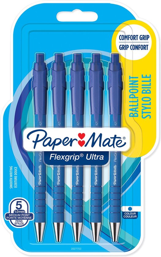 Paper Mate Flexgrip Ultra-balpennen met drukknop | Medium punt (1,0 mm) | Blauwe inkt | 5 stuks