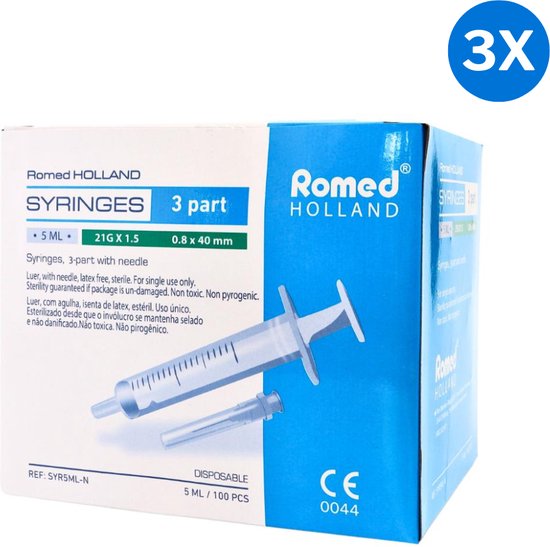 Foto: 3x romed 5ml injectiespuiten met naald 100 stuks romed doorzichtig wit polypropyleen latex vrij rubber tweedelige 5ml wegwerpspuit met canule steriel per stuk verpakt 5 ml