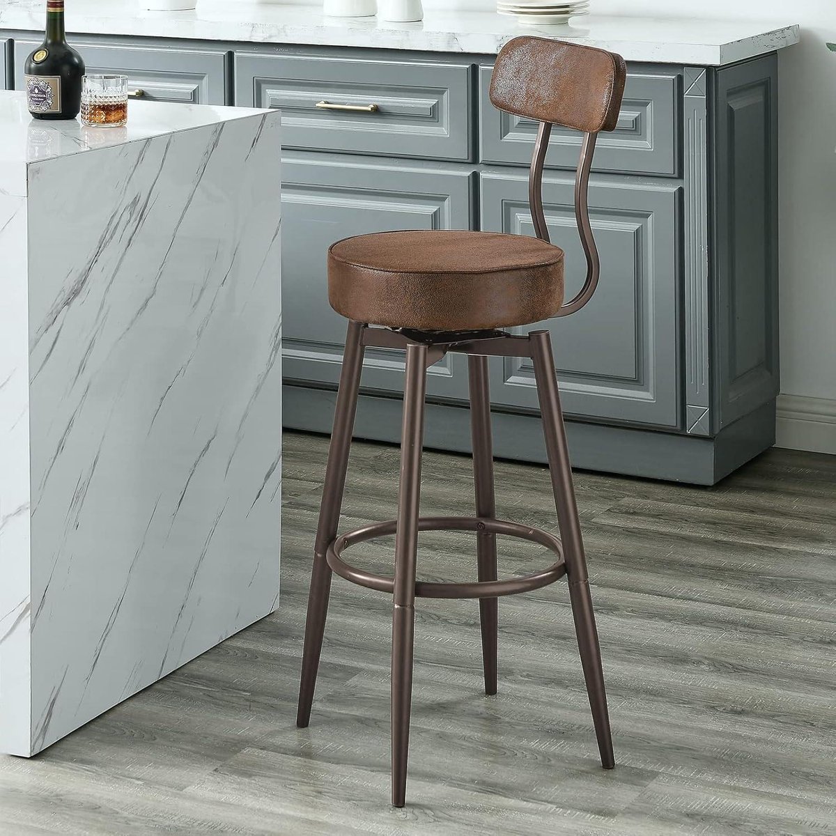 Barstoel Barkruk, Barkruk, 360° draaibaar keukenkruk met rugleuning Voor The Old Retro Houten met voetsteun Massief houten poten Hoge Bistro Krukken (Kleur: Grijs) (kolo