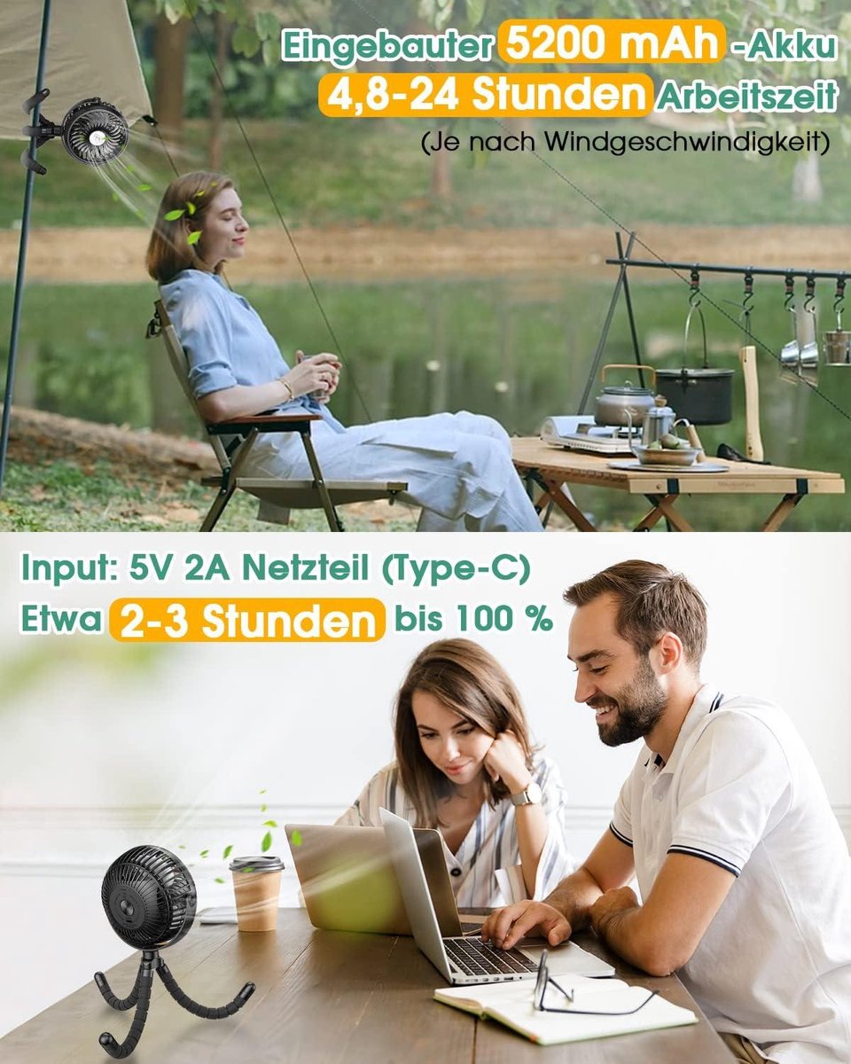Verbeterde USB Ventilator, 5200 MAh Accu, Stille Handventilator Met 3 Snelheden En 360 Graden Verstelbaar Draagbare Mini Tafelventilator 24 Uur Ventilator Flexibel Statief Oe 14 8 Cm 664335482