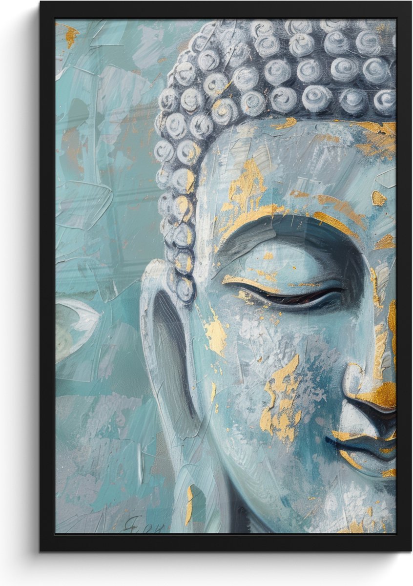 FrameYourWall Poster in lijst - Fotolijst 40x60 cm - Posters - Boeddha - Bloem - Lotus - Goud - Blauw - Posterlijst zwart - Decoratie - Wanddecoratie woonkamer - Muurdecoratie slaapkamer Boeddha - Blauw