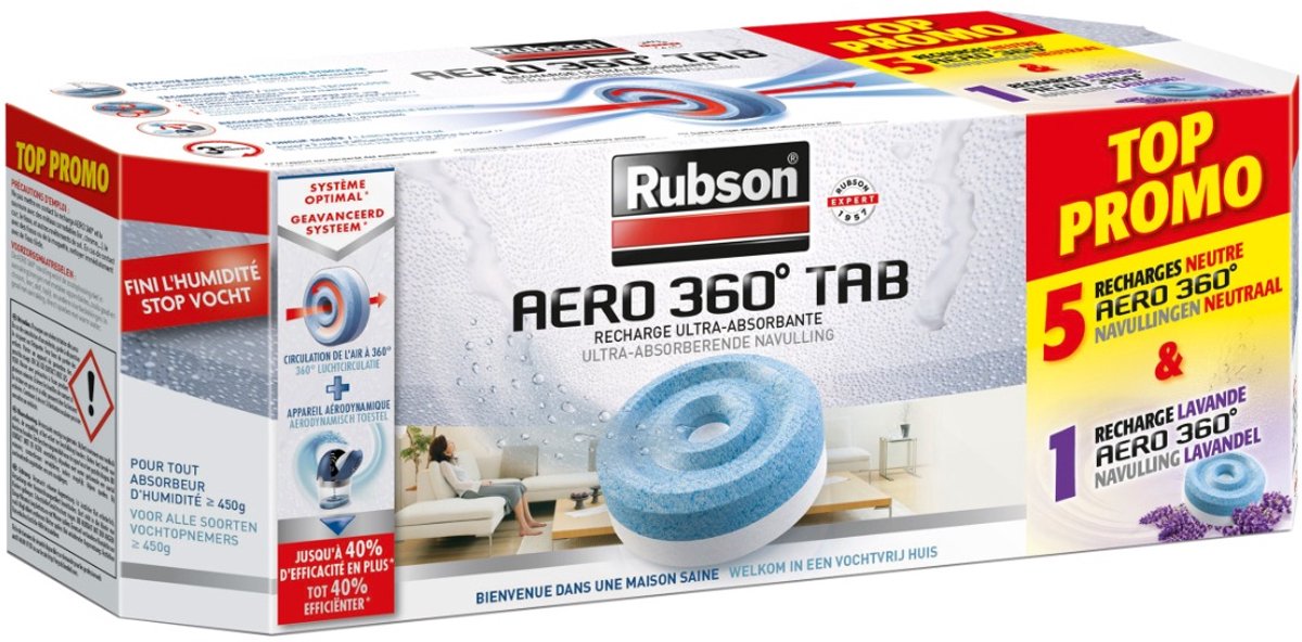 Rubson Vochtopnemer AERO 360 Promopack | 5 Neutrale Navulling + 1 Lavendel Navulling | Vochtopnemer Navulling | Vocht Opnemer Vanger & Vreter | Vochtopnemer in Huis & Badkamer.