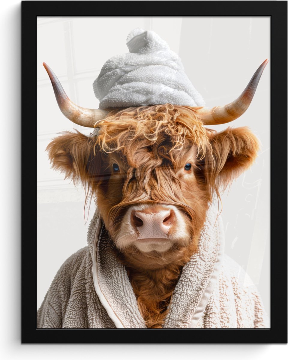 FrameYourWall Poster in lijst - Fotolijst 30x40 cm - Posters - Schotse hooglander - Badjas - Koe - Dieren - Posterlijst zwart - Wanddecoratie badkamer - Muurdecoratie WC - Decoratieve accessoires - Toilet muur decoratie