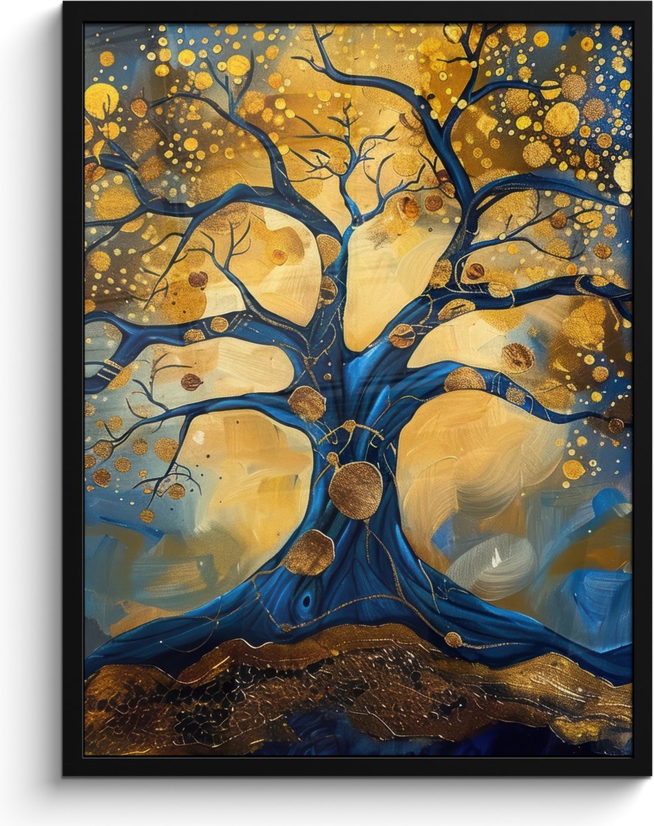 FrameYourWall Poster in lijst - Fotolijst 60x80 cm - Posters - Boom - Levensboom - Blauw - Goud - Posterlijst zwart - Decoratie - Wanddecoratie woonkamer - Muurdecoratie slaapkamer Goud - Blauw