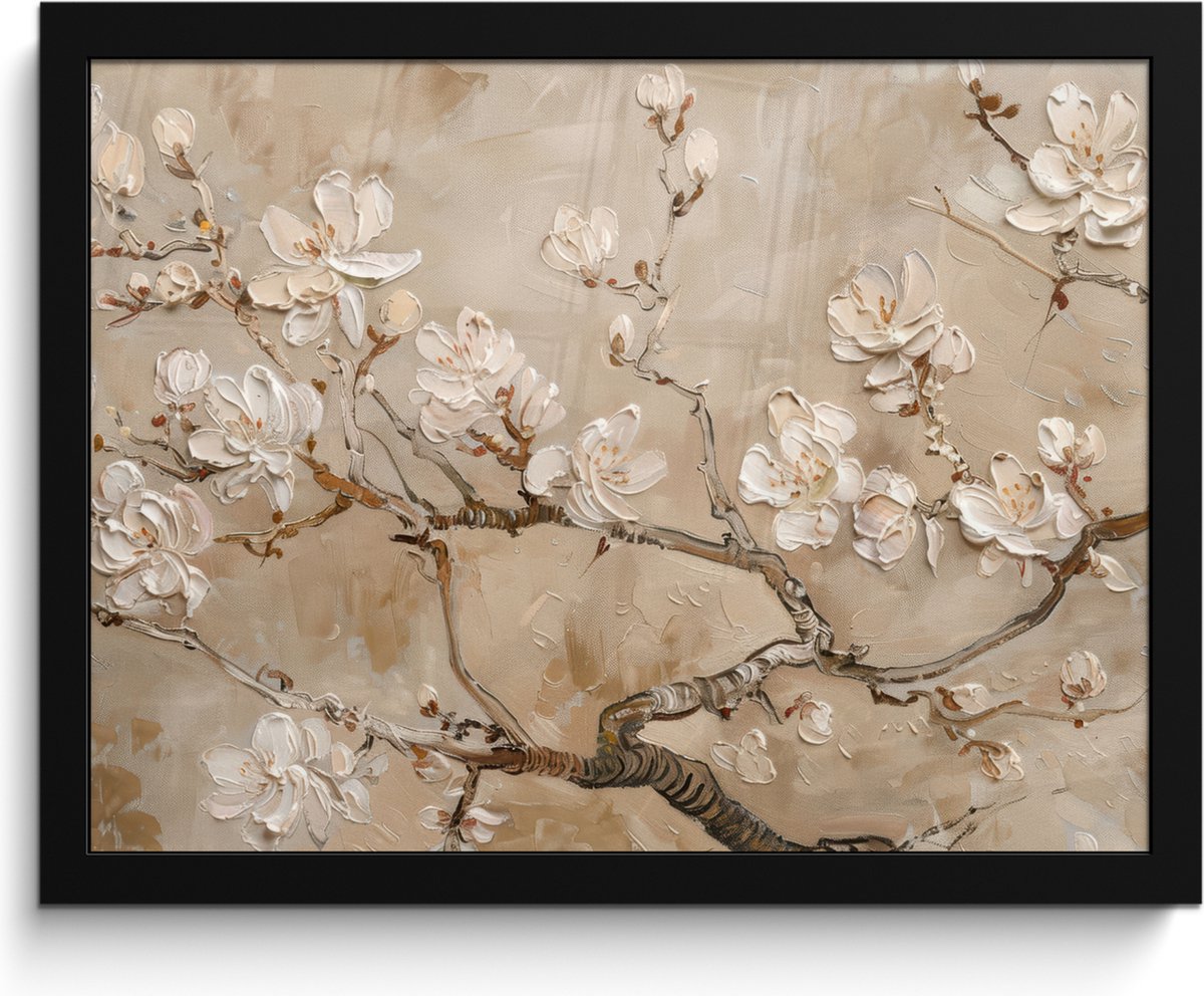 FrameYourWall Poster in lijst - Fotolijst 40x30 cm - Posters - Bloemen - Modern - Beige - Wit - Bloesem - Posterlijst zwart - Decoratie - Wanddecoratie woonkamer - Muurdecoratie slaapkamer