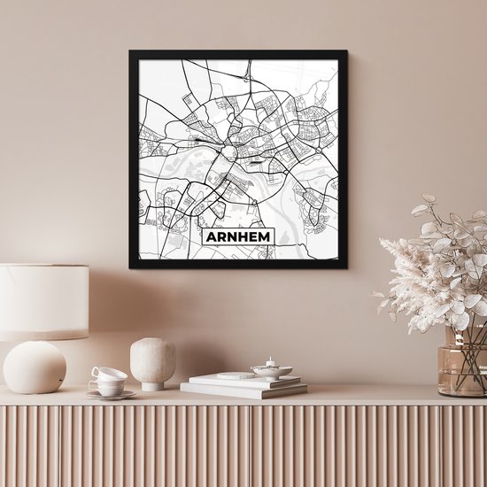 Affiche avec cadre Carte - Arnhem - Zwart - Wit - 40x40 cm