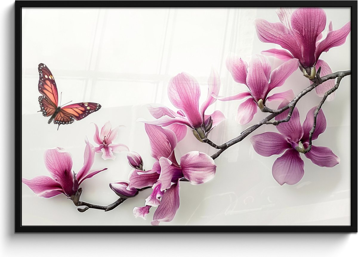 FrameYourWall Poster in lijst - Fotolijst 120x80 cm - Posters - Bloesem - Vlinder - Roze - Natuur - Wit - Posterlijst zwart - Wanddecoratie badkamer - Muurdecoratie WC - Decoratieve accessoires - Toilet muur decoratie Bloem - Vlinder