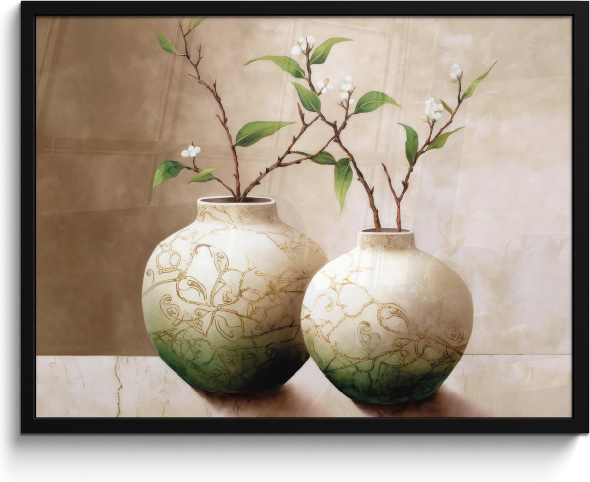 FrameYourWall Poster in lijst - Fotolijst 80x60 cm - Posters - Bloemen - Vaas - Wit - Botanisch - Beige - Posterlijst zwart - Wanddecoratie badkamer - Muurdecoratie WC - Decoratieve accessoires - Toilet muur decoratie Beige - Vazen