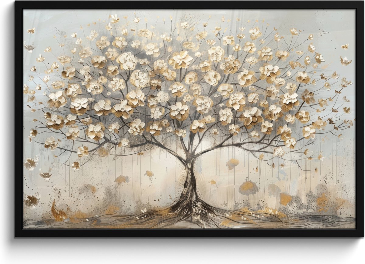 FrameYourWall Poster in lijst - Fotolijst 90x60 cm - Posters - Boom - Beige - Goud - Verflook - Grijs - Posterlijst zwart - Decoratie - Wanddecoratie woonkamer - Muurdecoratie slaapkamer Pastel - Goud