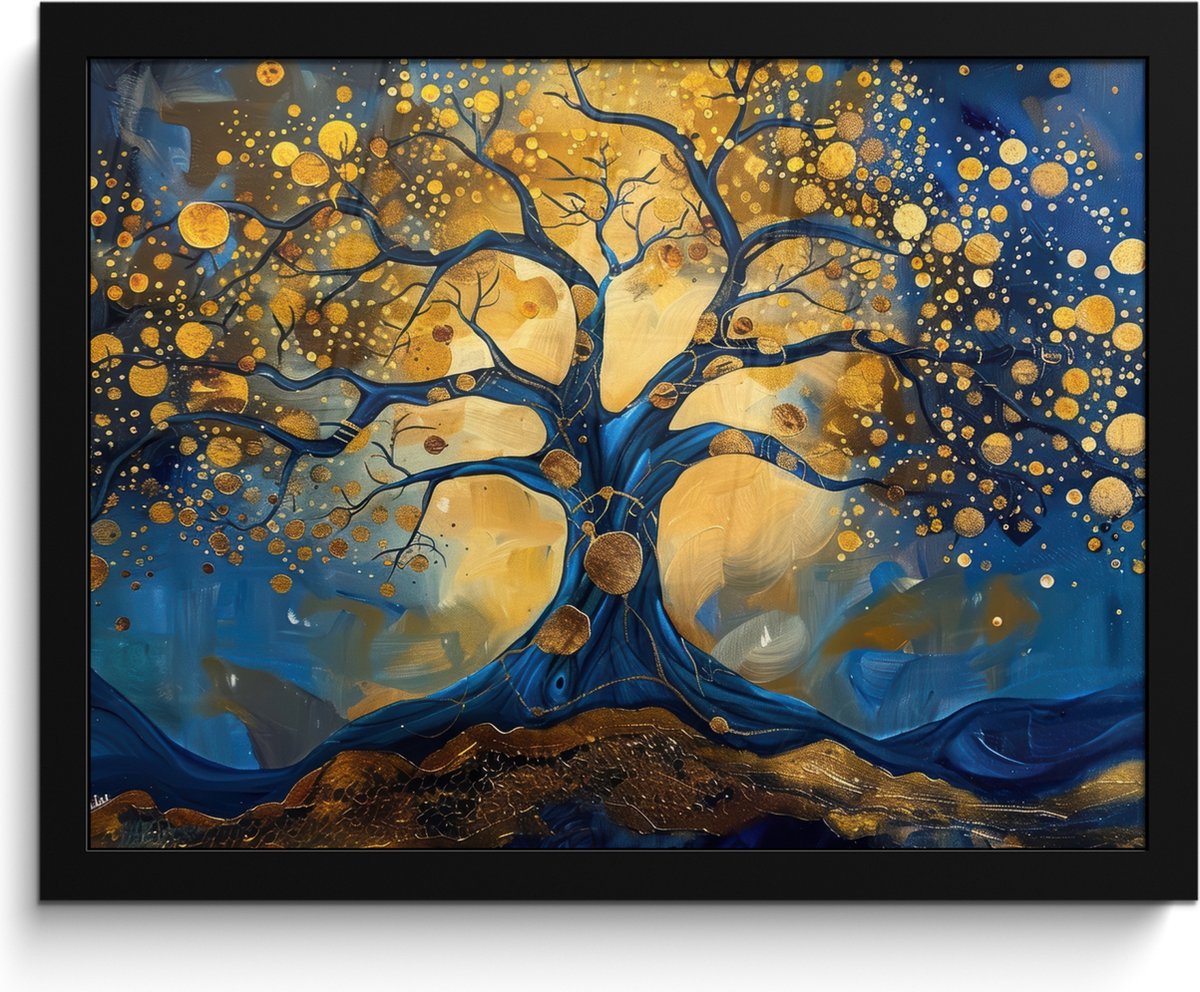 FrameYourWall Poster in lijst - Fotolijst 40x30 cm - Posters - Boom - Levensboom - Blauw - Goud - Posterlijst zwart - Decoratie - Wanddecoratie woonkamer - Muurdecoratie slaapkamer Goud - Blauw