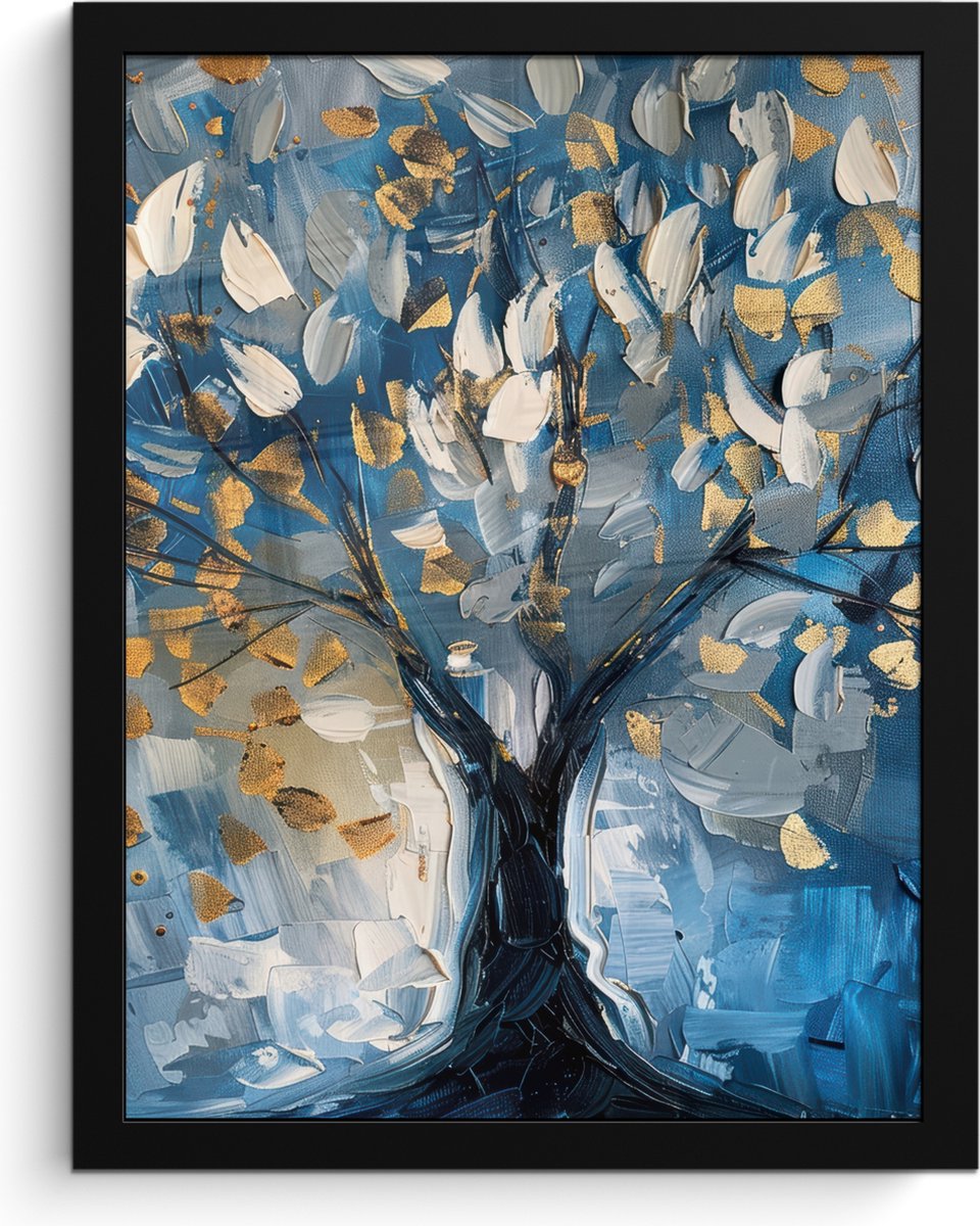 FrameYourWall Poster in lijst - Fotolijst 30x40 cm - Posters - Boom - Blauw - Goud - Abstract - Posterlijst zwart - Decoratie - Wanddecoratie woonkamer - Muurdecoratie slaapkamer Blauw - Levensboom