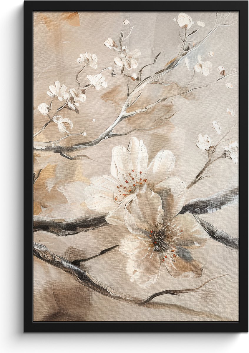 FrameYourWall Poster in lijst - Fotolijst 40x60 cm - Posters - Bloemen - Natuur - Wit - Bloesem - Abstract - Posterlijst zwart - Decoratie - Wanddecoratie woonkamer - Muurdecoratie slaapkamer