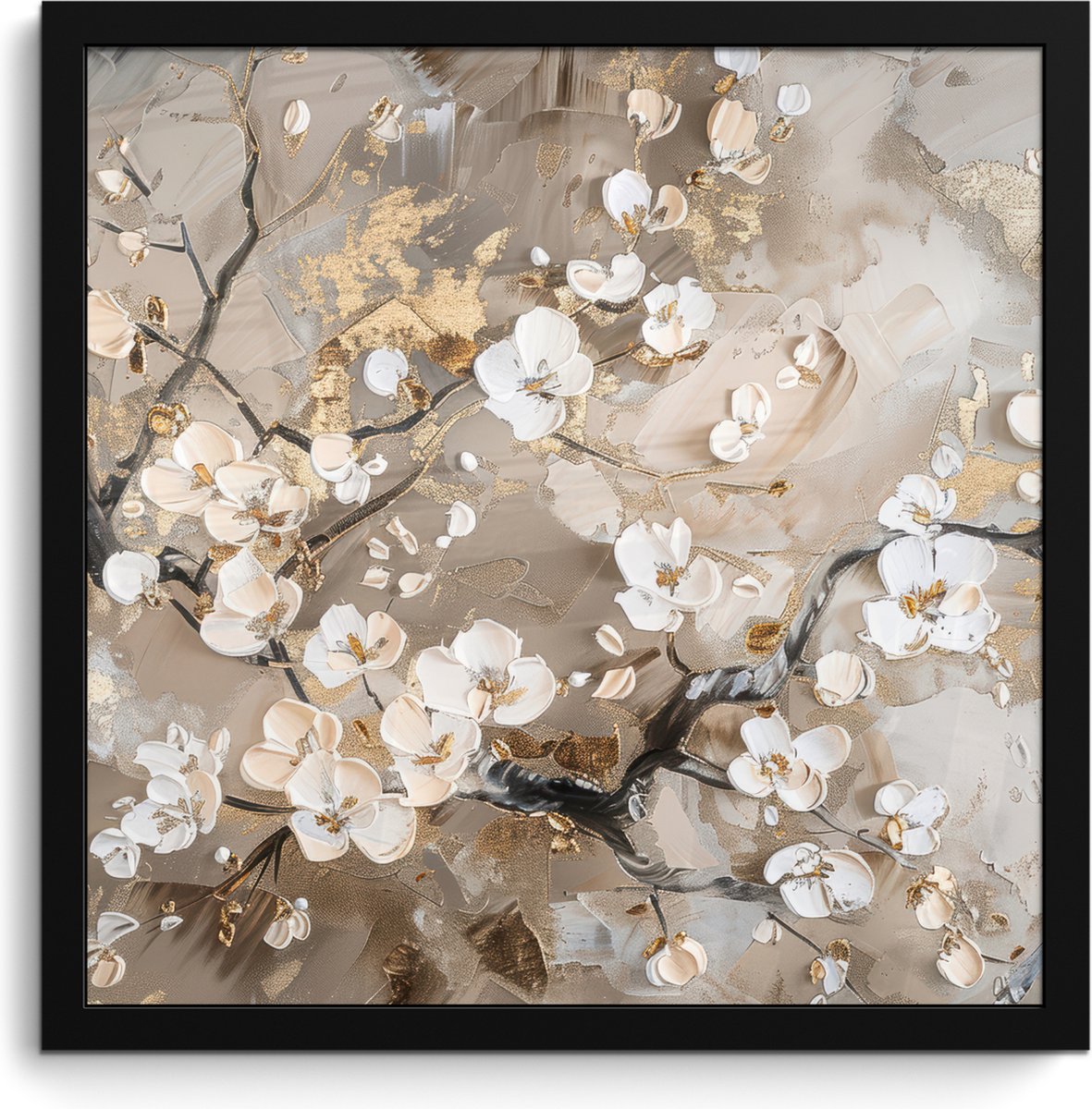 FrameYourWall Poster in lijst - Fotolijst 40x40 cm - Posters - Bloemen - Wit - Goud - Beige - Luxe - Posterlijst zwart - Decoratie - Wanddecoratie woonkamer - Muurdecoratie slaapkamer