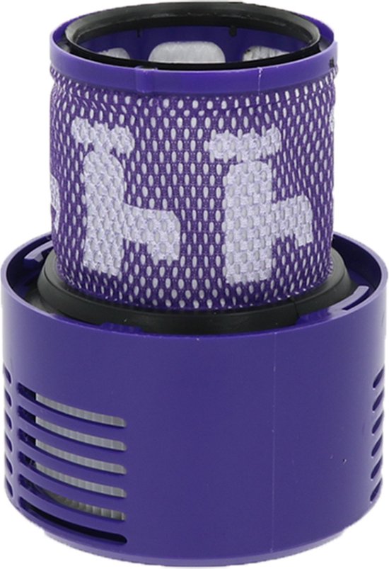 Paars filter met wit patroon voor Dyson V10. Met een cilindervormige behuizing.