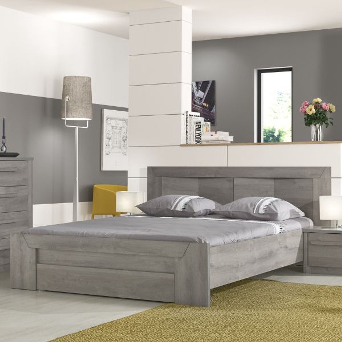 Tweepersoonsbed Hayden met lade 140x190 - lichtgrijze eik - Gautier - Gami - Tweepersoons bedkader - Grijs - Spaanplaat Tweepersoons Normaal bed