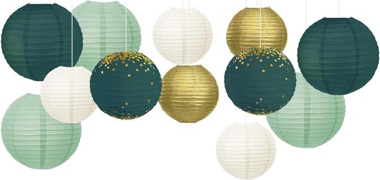 Lampion - 12 stuks groen goud hangende papieren lantaarns voor rustieke stijl lente decor - bruidsfeestje - babyborrel - verjaardag - eucalyptus - neutraal - feest decor