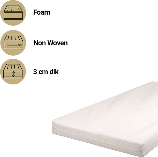 Wit matras van foam en non-woven materiaal, 3 cm dik, met ritssluiting.