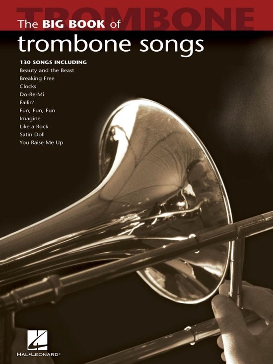 De voorkant van het boek 'The Big Book of Trombone Songs' met een deel van een trombone.