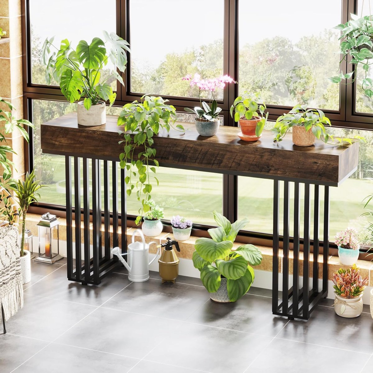 Tribesigns Smalle sofatafel, 160 cm, industriële lange banktafel achter de bank, instap consoletafel met opbergruimte voor entree, woonkamer, foyer, uniek design, bruin