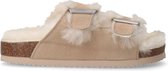 Manfield - Dames - Beige suède slippers met bontvoering - Maat 39
