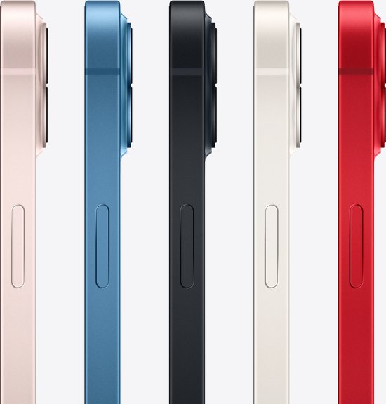 Vijf iPhones naast elkaar in de kleuren roze, blauw, zwart, wit en rood, gezien vanaf de zijkant.