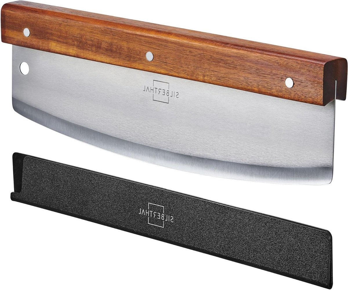 Pizzasnijder van roestvrij staal 32 cm Scherp lemmet Elegante greep van acaciahout Lemmetbescherming pizzasnijder