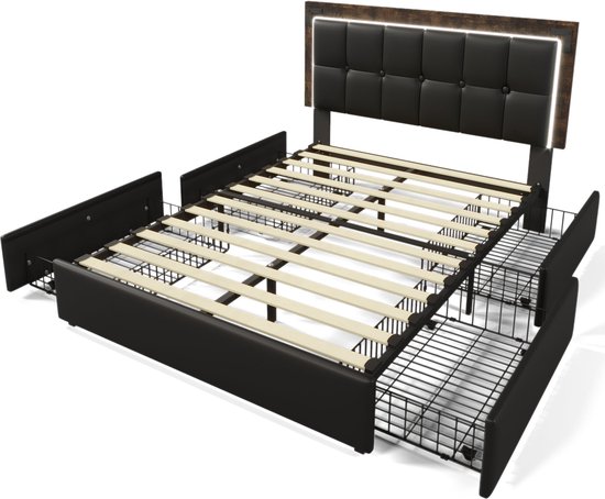 Merax Lit Double Queensize 160x200 cm avec Matras en Mousse Froide - Lit rembourré en Simili Cuir avec 4 tiroirs et LED- Siècle des Lumières - Zwart