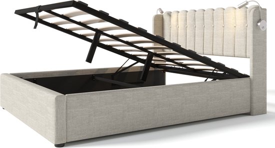 Merax Lit Double Rembourré 160x200 cm Comprenant Matras Mousse Froide 7 Zone - Lit avec Lampe de Lecture et Fonction Recharge de Téléphone - Espace de Rangement Hydraulique - Beige