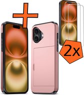 Hoesje Geschikt voor iPhone 16 Plus Hoesje Pasjeshouder Shockproof Hard Case Met 2x Screenprotector - Hoesje Geschikt voor iPhone 16 Plus Hoes Met Kaarthouder - Rosé goud