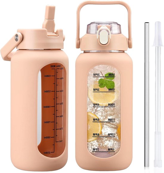 HYDRAGLAZIC Glazen waterfles van 950 ml, met rietje en deksel, glazen fles met handvat, siliconen hoes met tijd- en waterindicator, BPA-vrij, roze