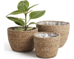 Zeegras-hoge bloempot van rond stro - set van 3 - 19 cm hoogte