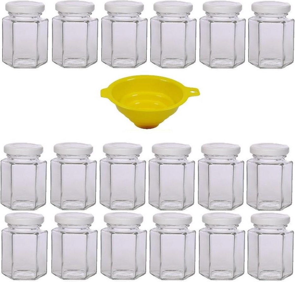 18 x kleine inmaakpot 110 ml met wit deksel zeshoekige glazen potten jampotten kruidenpotjes gastgeschenk incl. trechter jampotjes met deksel