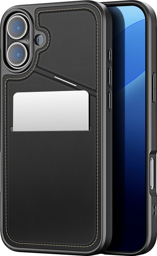 Zwart iPhone hoesje met pasjeshouder en dubbele camera-uitsparing, naast een iPhone.
