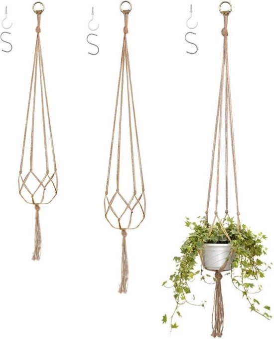 Foto: Plantenhanger planthanger 3 stuks macram plantenhanger haak jute touw plantenpot houder bloempot netto opknoping plantenbak kwastje indoor opknoping mand kamerplanten