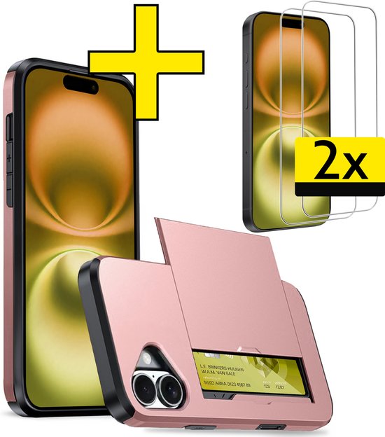 Hoesje Geschikt voor iPhone 16 Plus Hoesje Case Pashouder Hard Cover Met 2x Screenprotector - Hoes Geschikt voor iPhone 16 Plus Hoesje Met Kaarthouder - Rosé goud