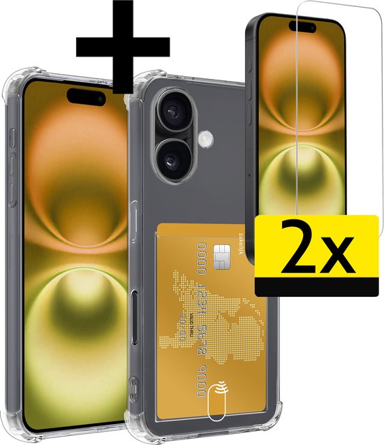 Coque transparente avec porte-cartes jaune et deux protecteurs d'écran pour iPhone 16.