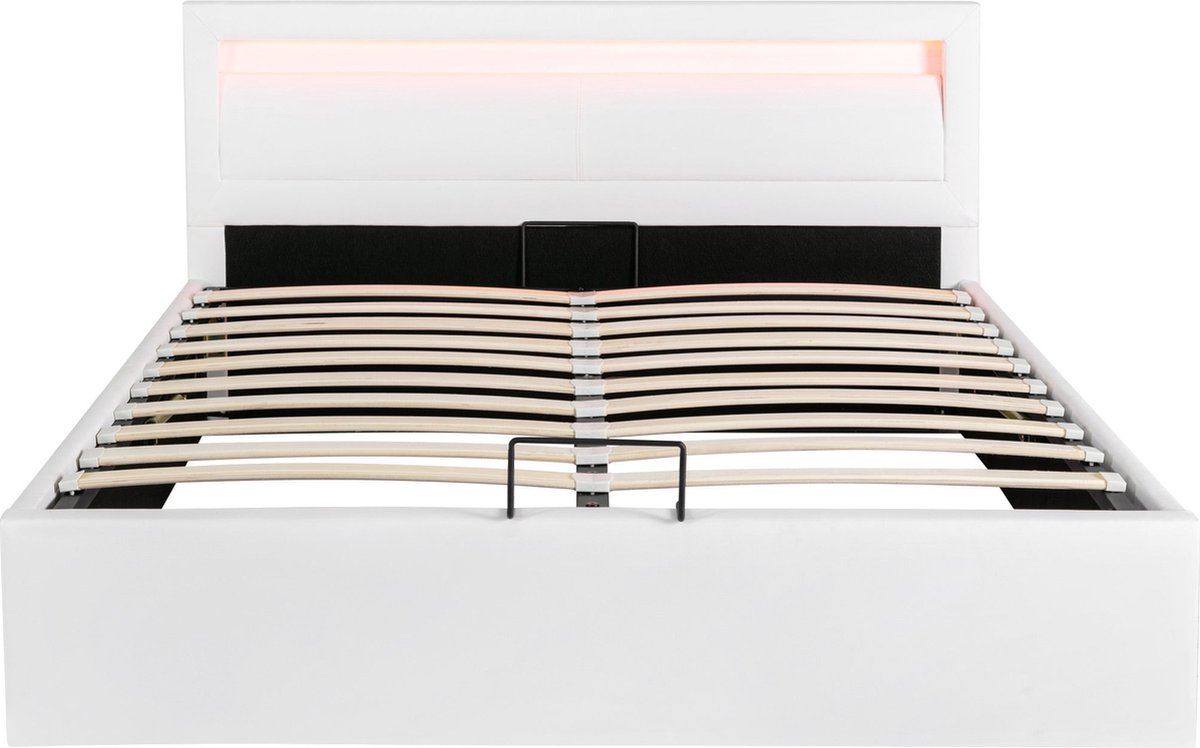 Merax Kunstleer Gestoffeerd Tweepersoonsbed 140x200 cm - Luxe Bed met LED-Verlichting en Opbergruimte - Wit